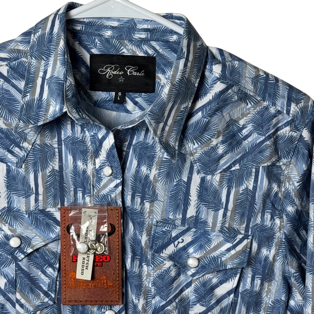 Rodeo Carte Western Blouse Womens‎ L Blue Palm Leaf Pearl Snap NEW